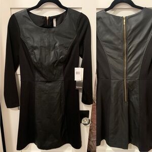 Kensie NWT Black Faux Leather + Knit Aline Dress